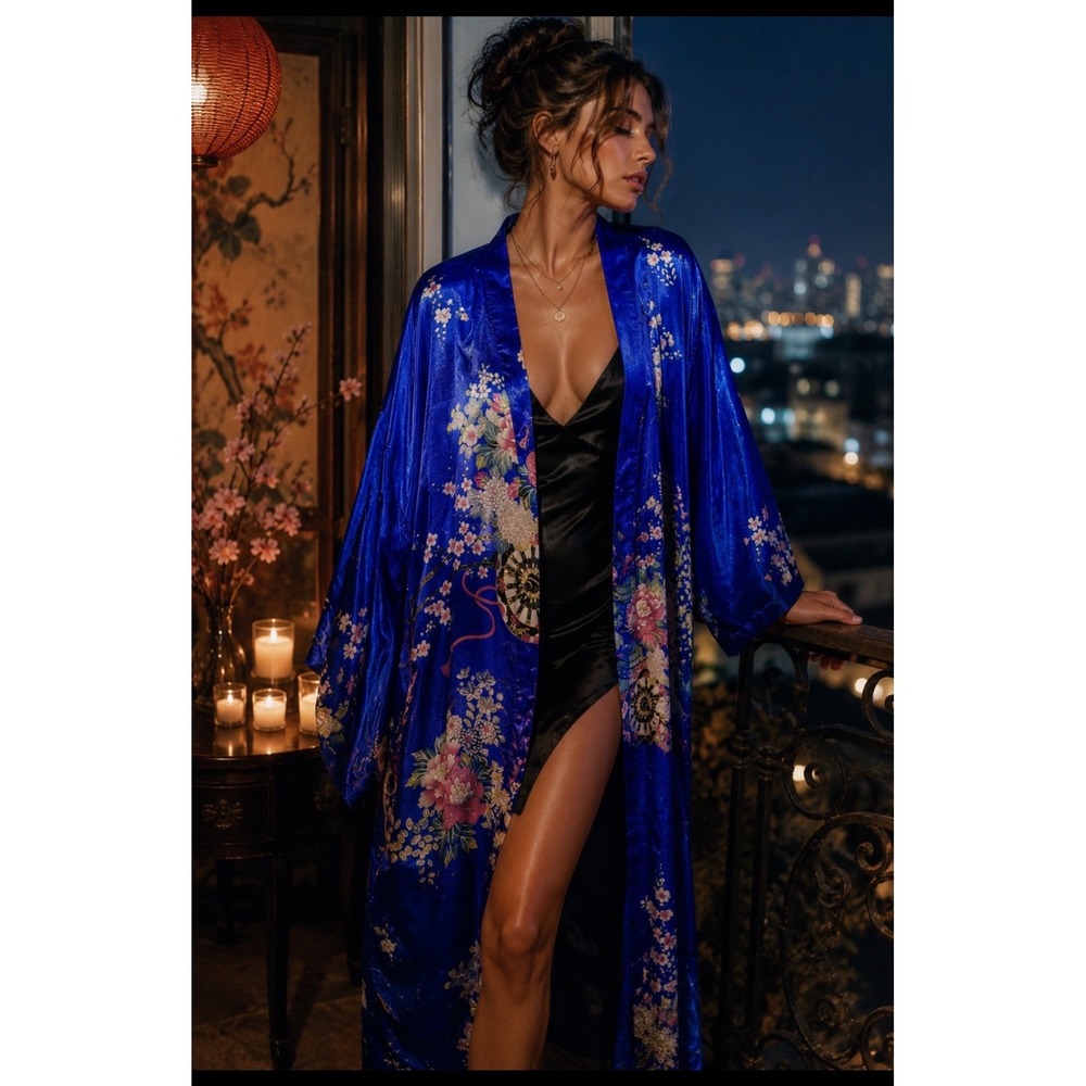 Vintage Silk Dynasty Royal Blue Floral Silk Satin Kimono Robe Open Front Duster